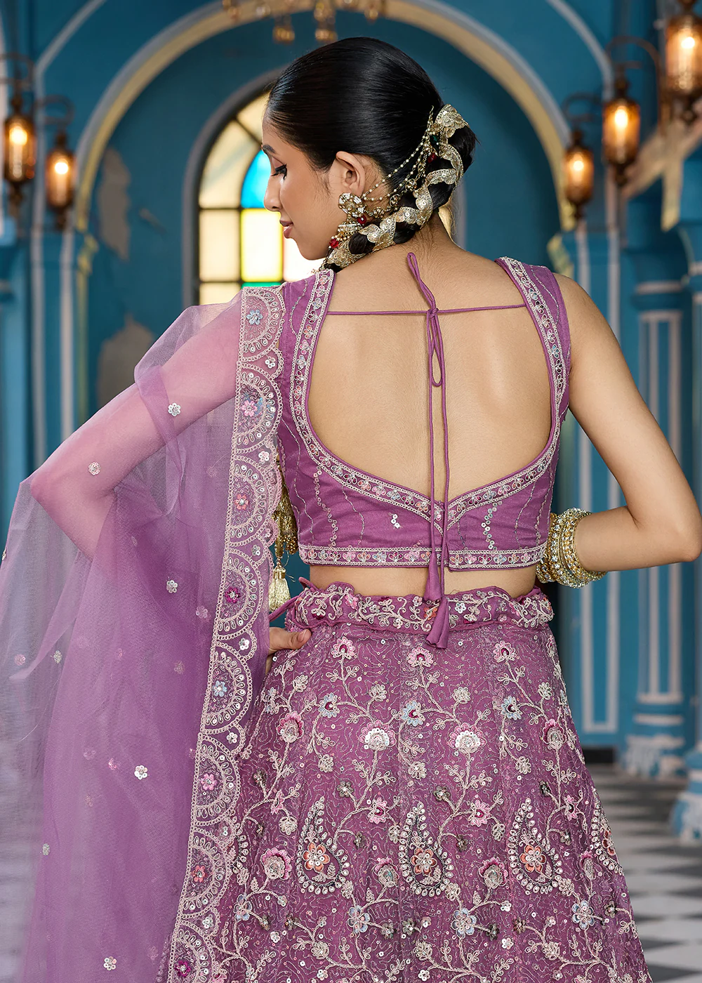 Lavender Stone & Cording Work Net Lehenga Choli - Image 8