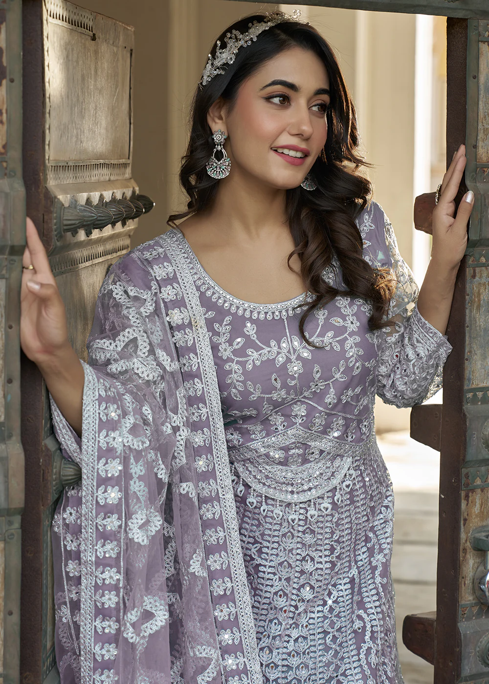 Lavender Stone & Mirror Work Eid Style Anarkali Suit - Image 2