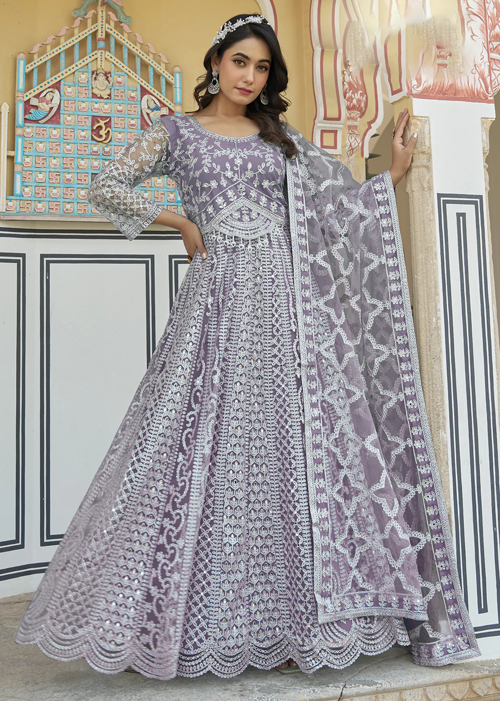 Lavender Stone & Mirror Work Eid Style Anarkali Suit - Image 4