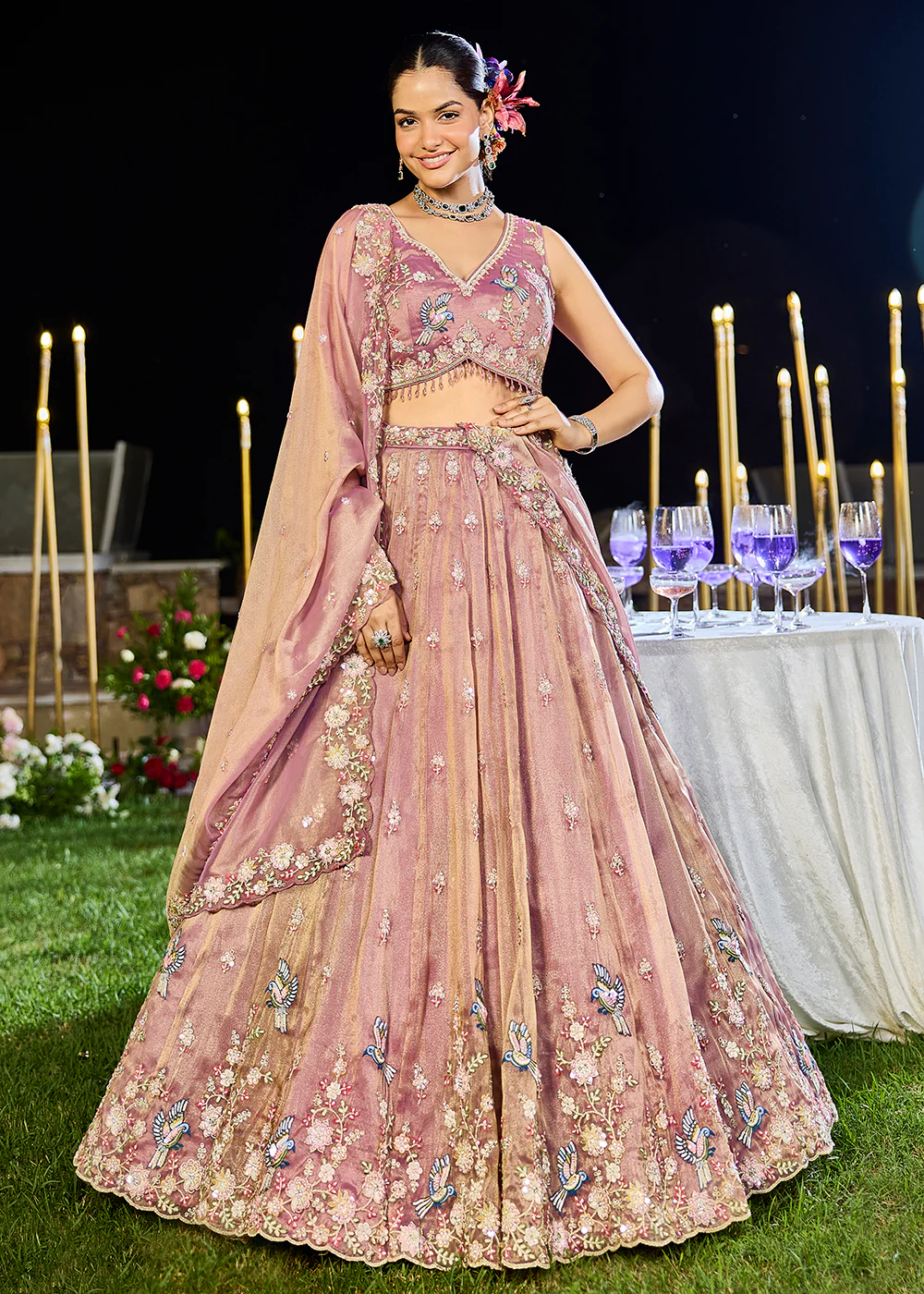Lavender Tissue Beads & Threads Wedding Lehenga Choli