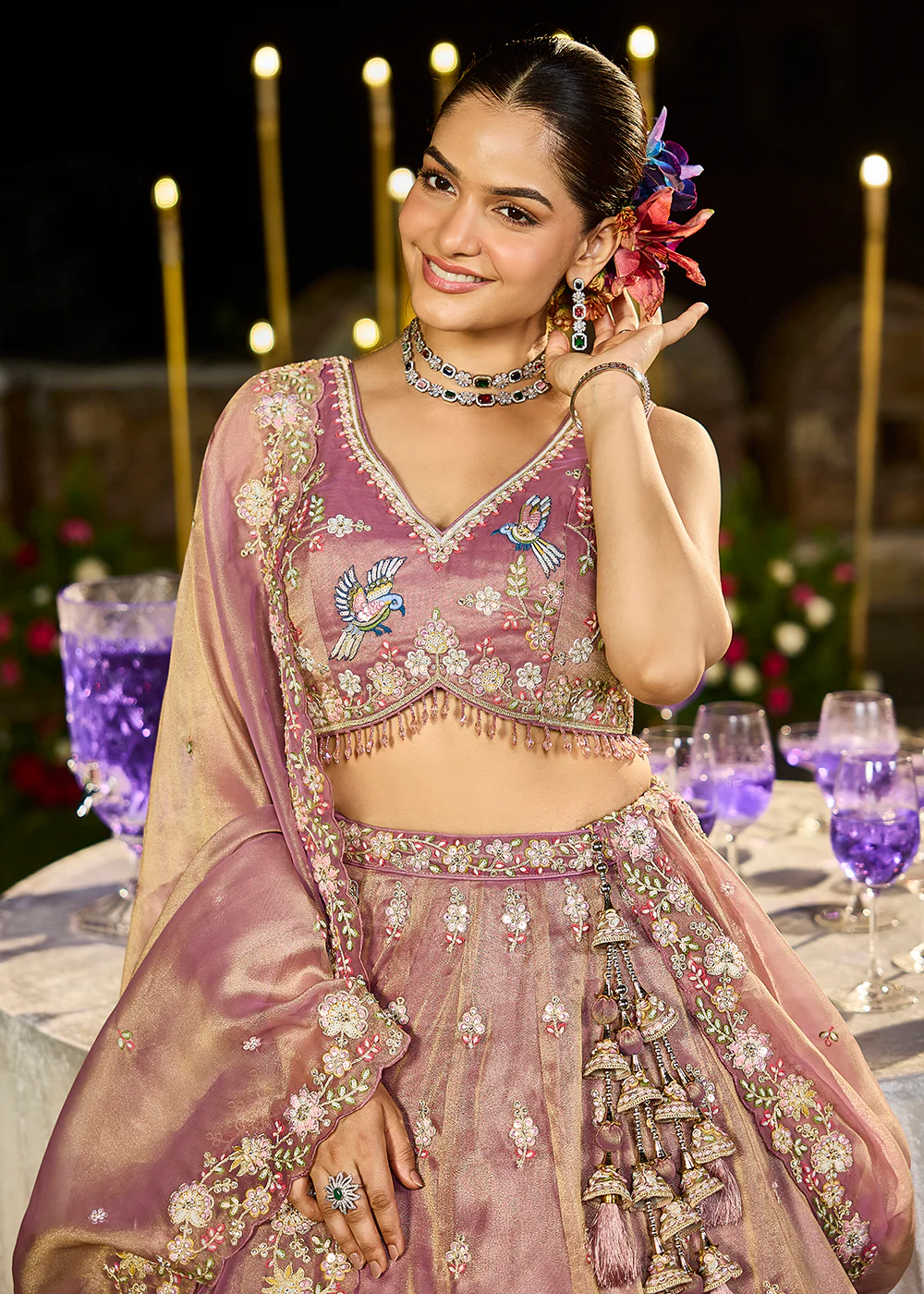 Lavender Tissue Beads & Threads Wedding Lehenga Choli - Image 2