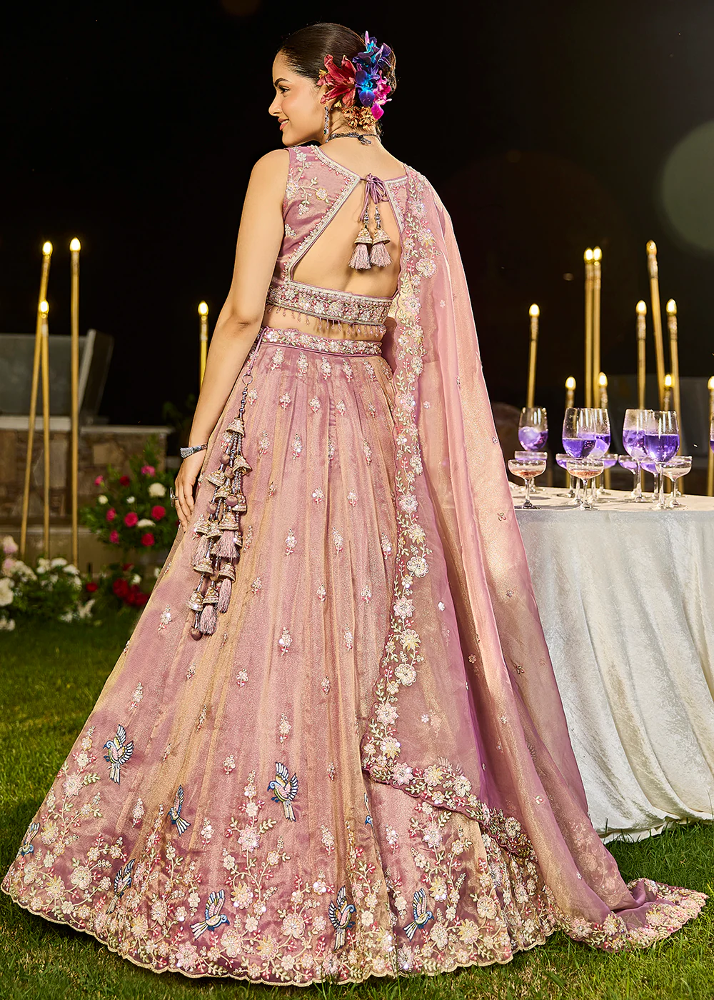 Lavender Tissue Beads & Threads Wedding Lehenga Choli - Image 3