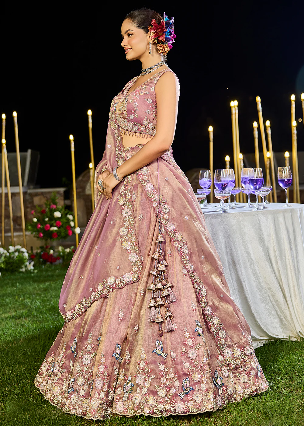 Lavender Tissue Beads & Threads Wedding Lehenga Choli - Image 4