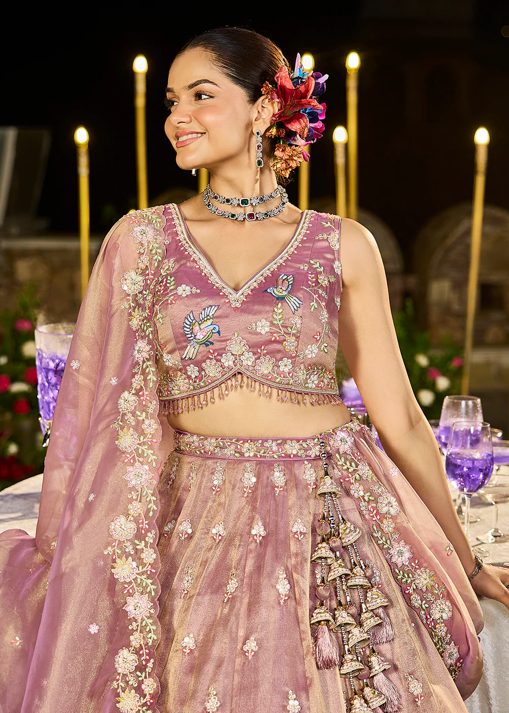 Lavender Tissue Beads & Threads Wedding Lehenga Choli - Image 5