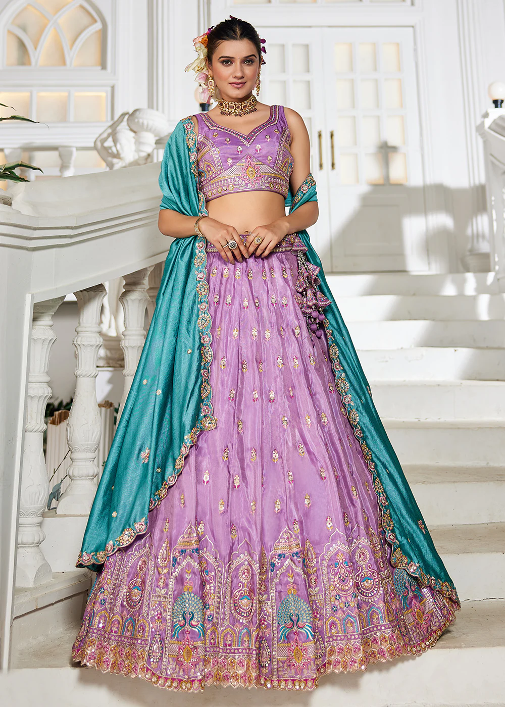 Lavender Tissue Fabric Embroidered Reception Lehenga Choli