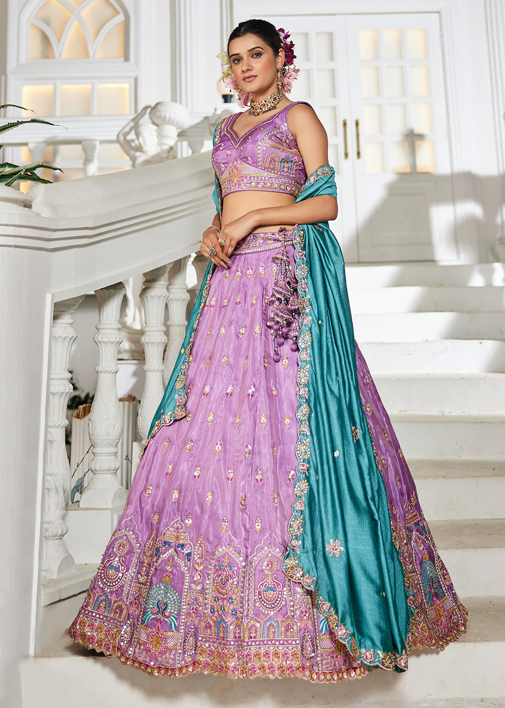 Lavender Tissue Fabric Embroidered Reception Lehenga Choli - Image 5