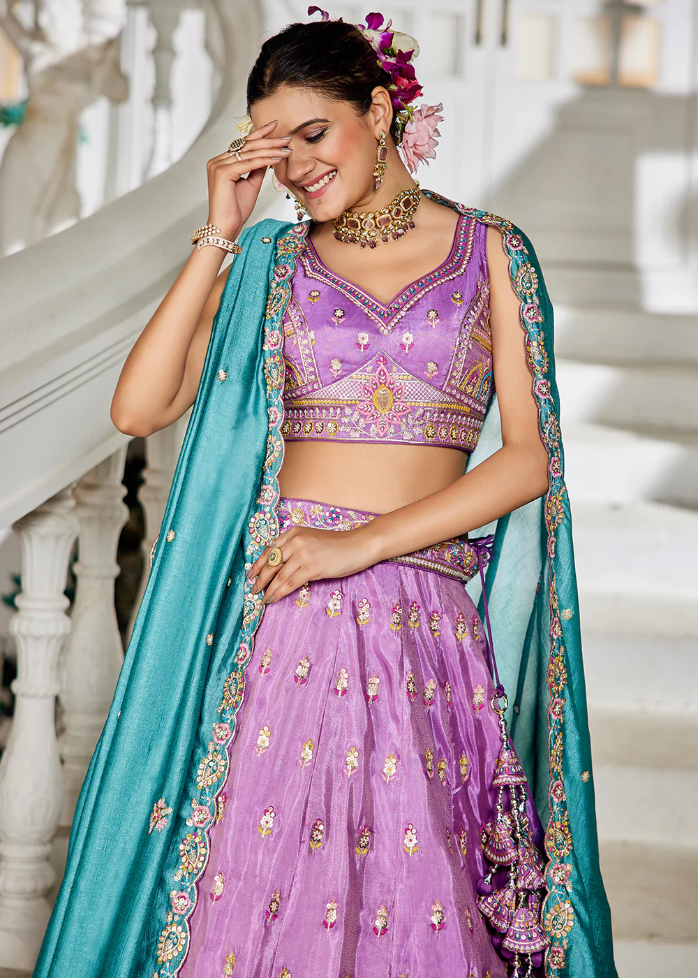 Lavender Tissue Fabric Embroidered Reception Lehenga Choli - Image 6
