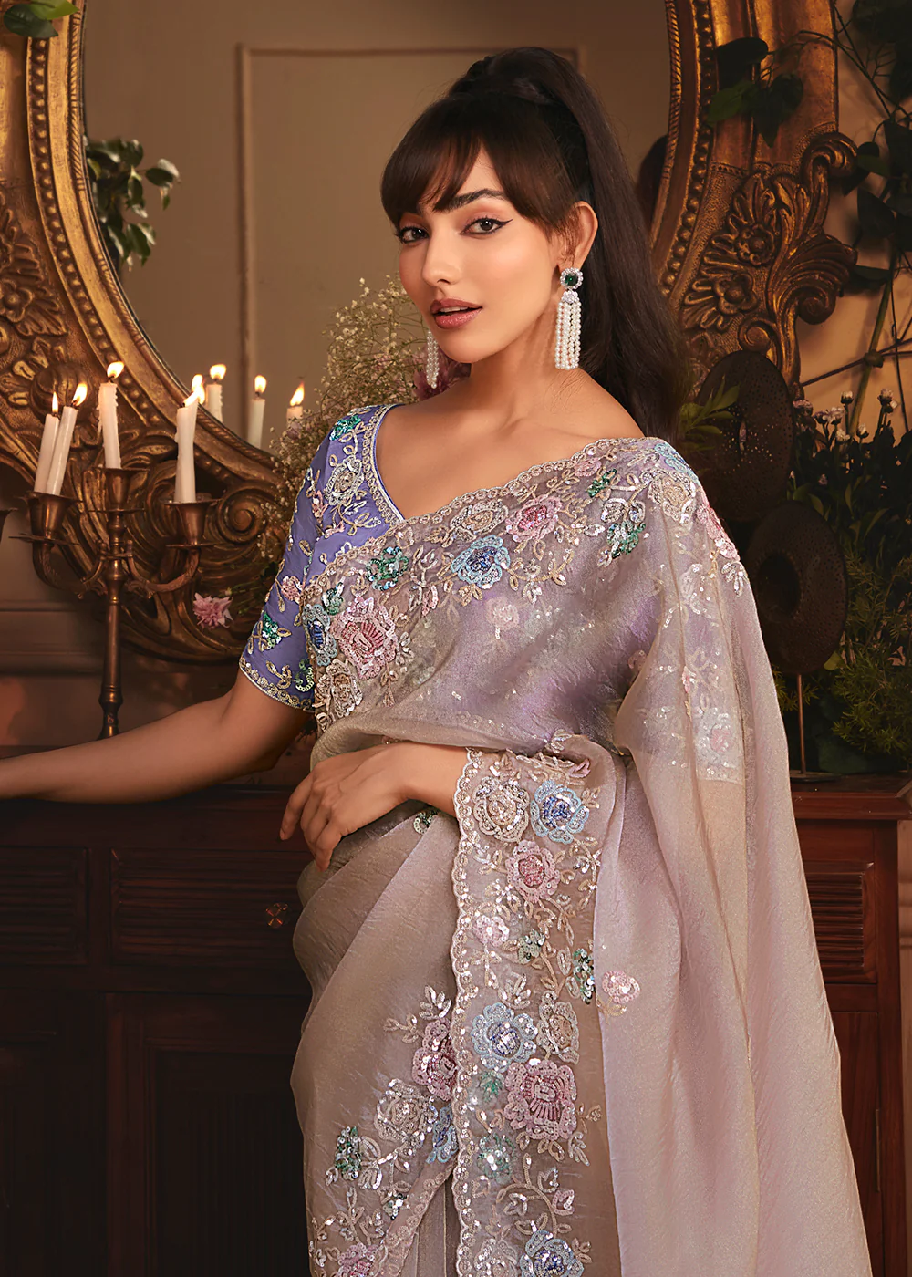 Lavender Tissue Organza Silk Embroidered Designer Saree - Image 4