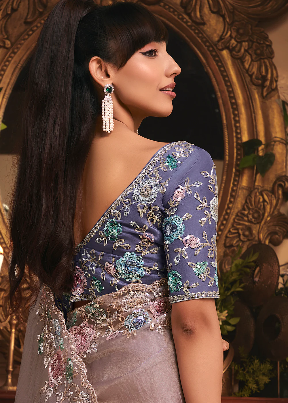 Lavender Tissue Organza Silk Embroidered Designer Saree - Image 5