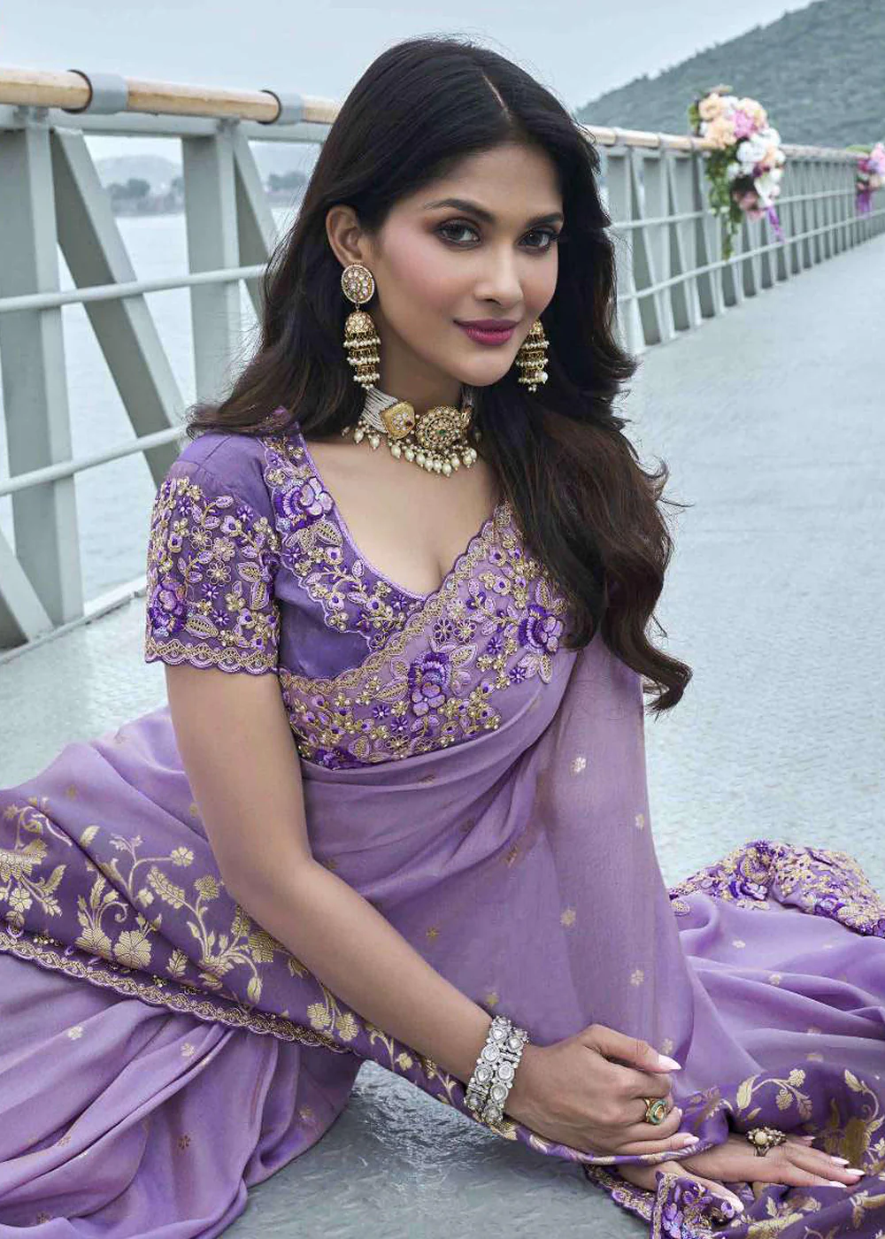 Lavender Viscose Silk Embroidered Designer Wedding Saree - Image 2
