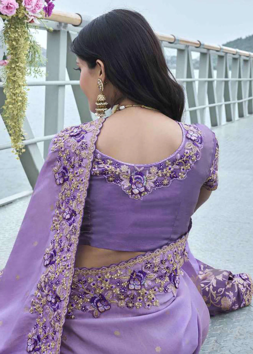 Lavender Viscose Silk Embroidered Designer Wedding Saree - Image 3