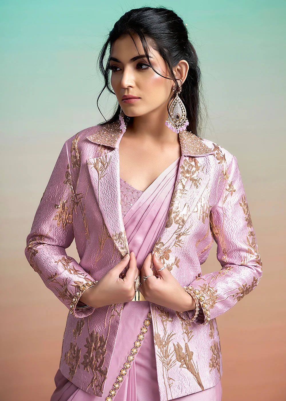 Lavender Wedding Party Ready to Wear Saree - Image 2