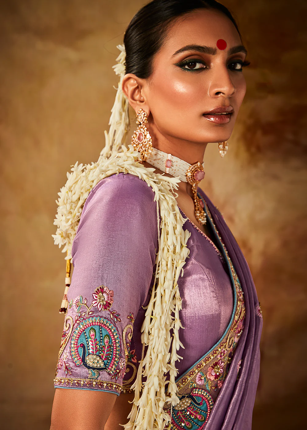 Lavender Wedding Wear Embroidered Kanjivaram Silk Saree - Image 2