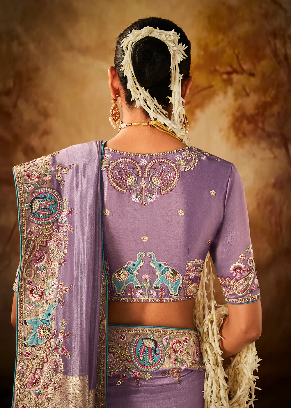 Lavender Wedding Wear Embroidered Kanjivaram Silk Saree - Image 3