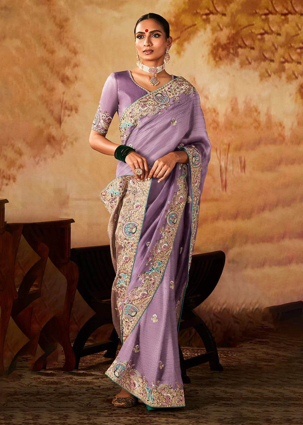 Lavender Wedding Wear Embroidered Kanjivaram Silk Saree - Image 4
