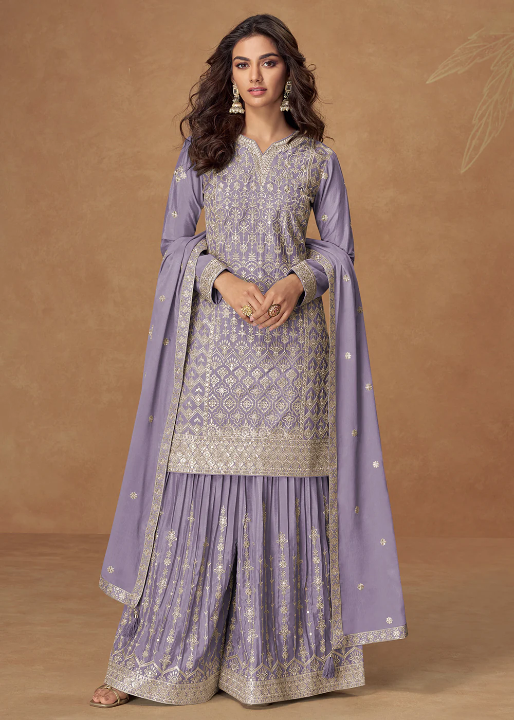 Lavender Zari Embroidered Wedding Wear Palazzo Suit