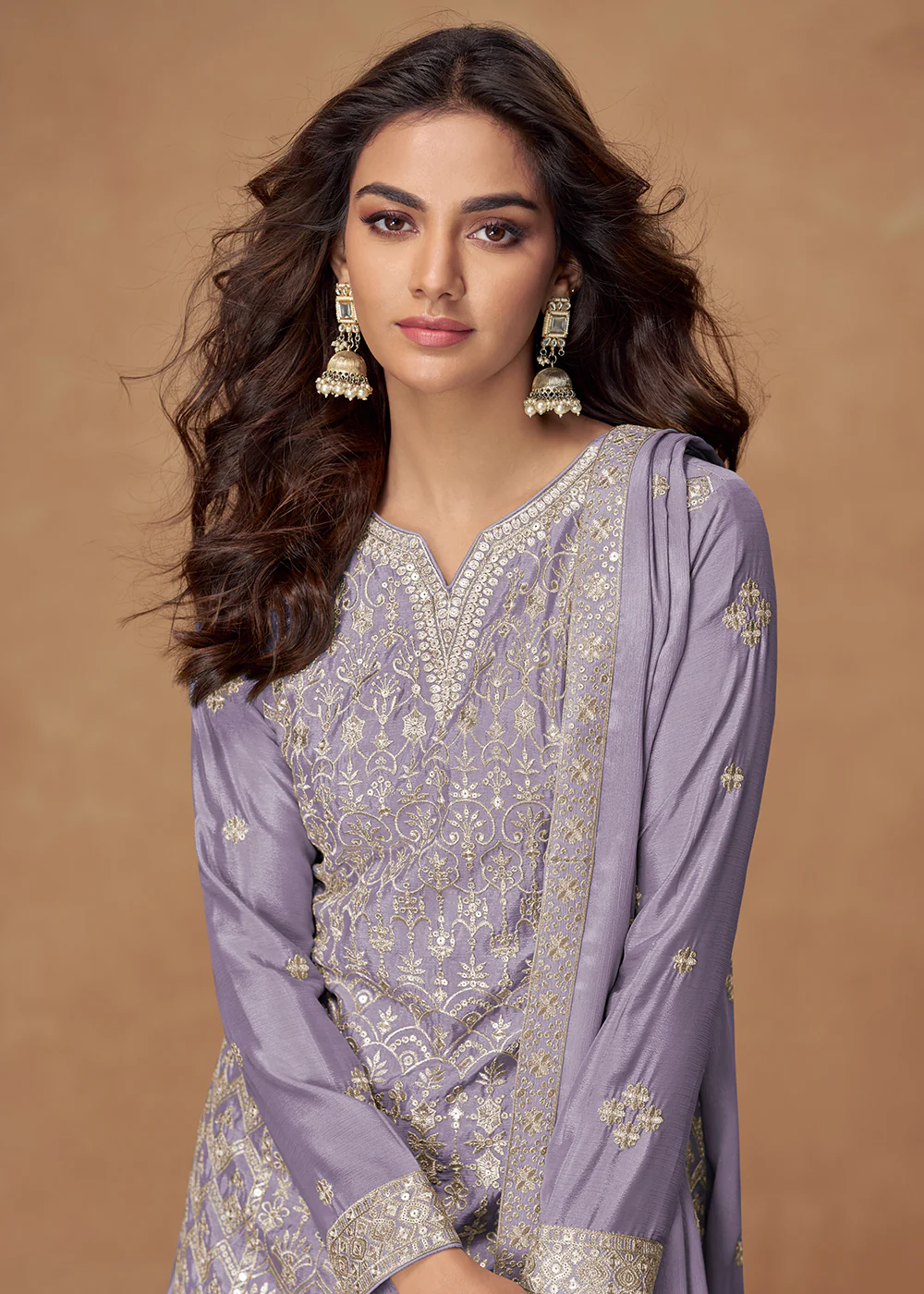 Lavender Zari Embroidered Wedding Wear Palazzo Suit - Image 2