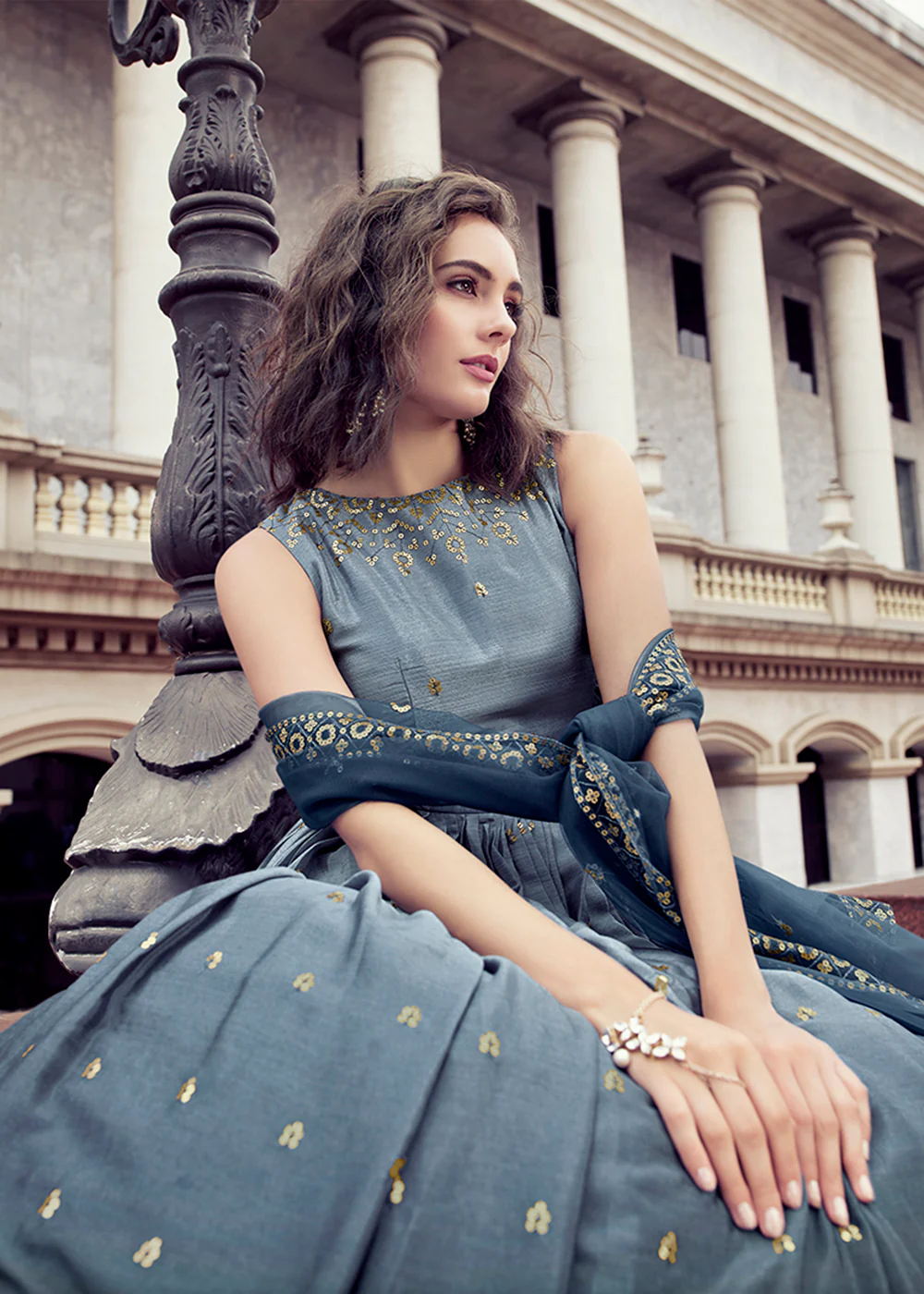 Lavish Grey And Blue Chinon Reception Wear Gown - Image 2
