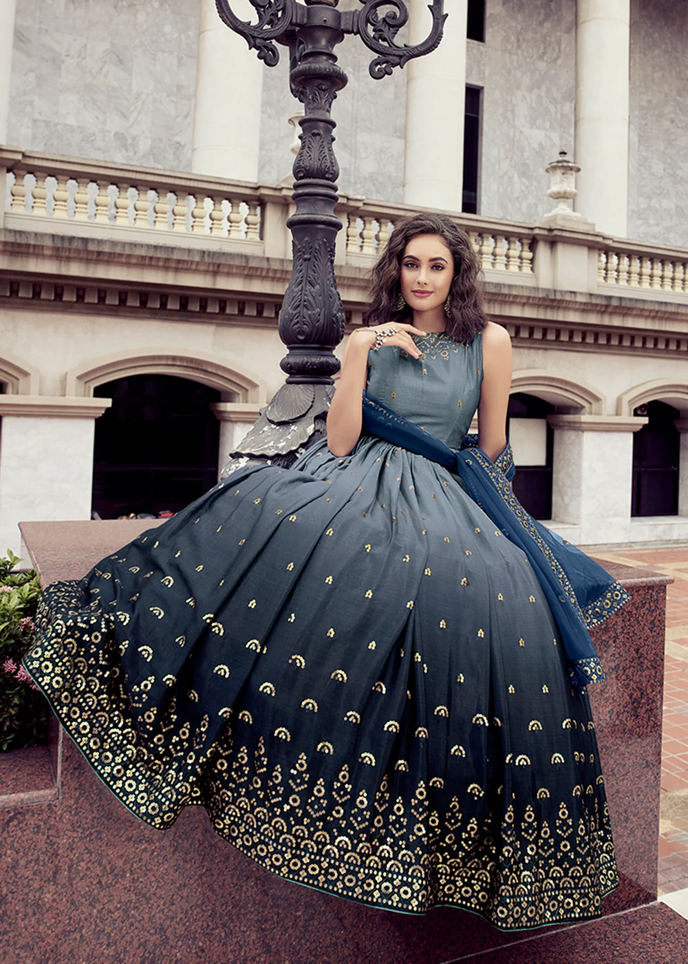 Lavish Grey And Blue Chinon Reception Wear Gown - Image 3
