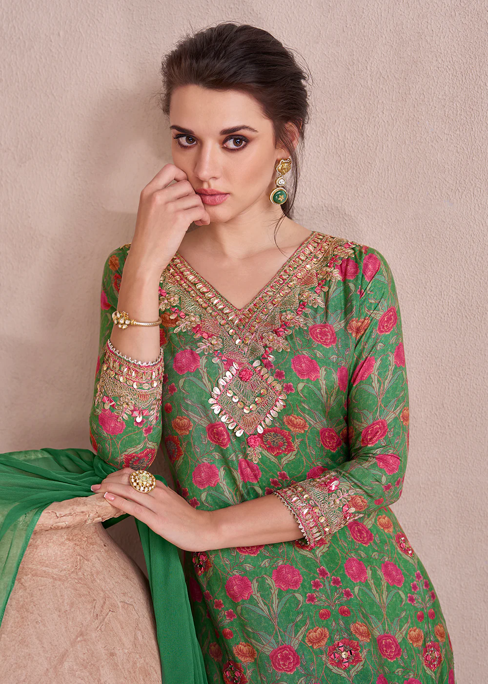 Leaf Green Pure Muslin Embroidered Lehenga Skirt Suit - Image 2