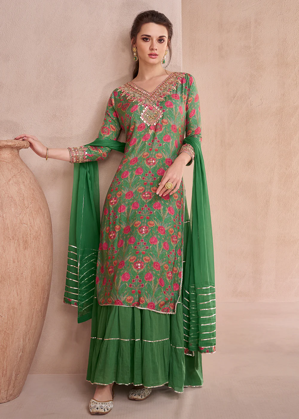 Leaf Green Pure Muslin Embroidered Lehenga Skirt Suit - Image 3