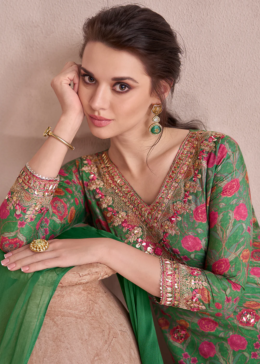 Leaf Green Pure Muslin Embroidered Lehenga Skirt Suit - Image 4