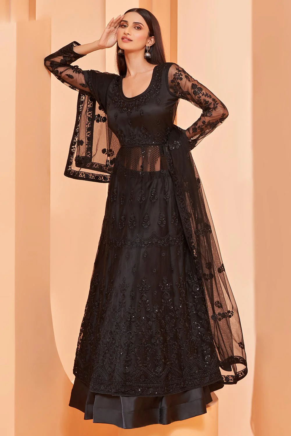 Lehenga/Pant Style Black Sequins Work Anarkali Suit - Image 3