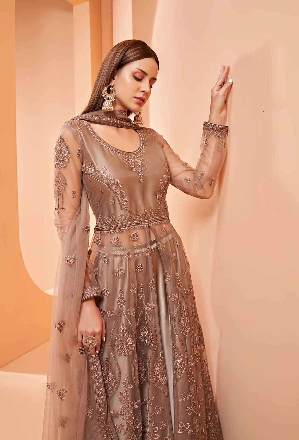 Lehenga/Pant Style Brown Sequins Work Anarkali Suit - Image 2