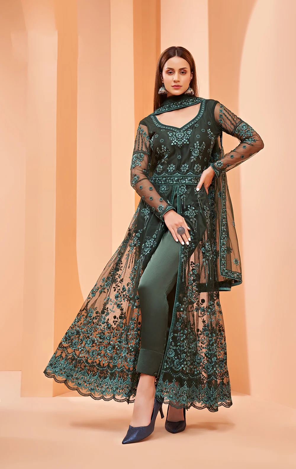Lehenga/Pant Style Green Sequins Work Anarkali Suit - Image 3