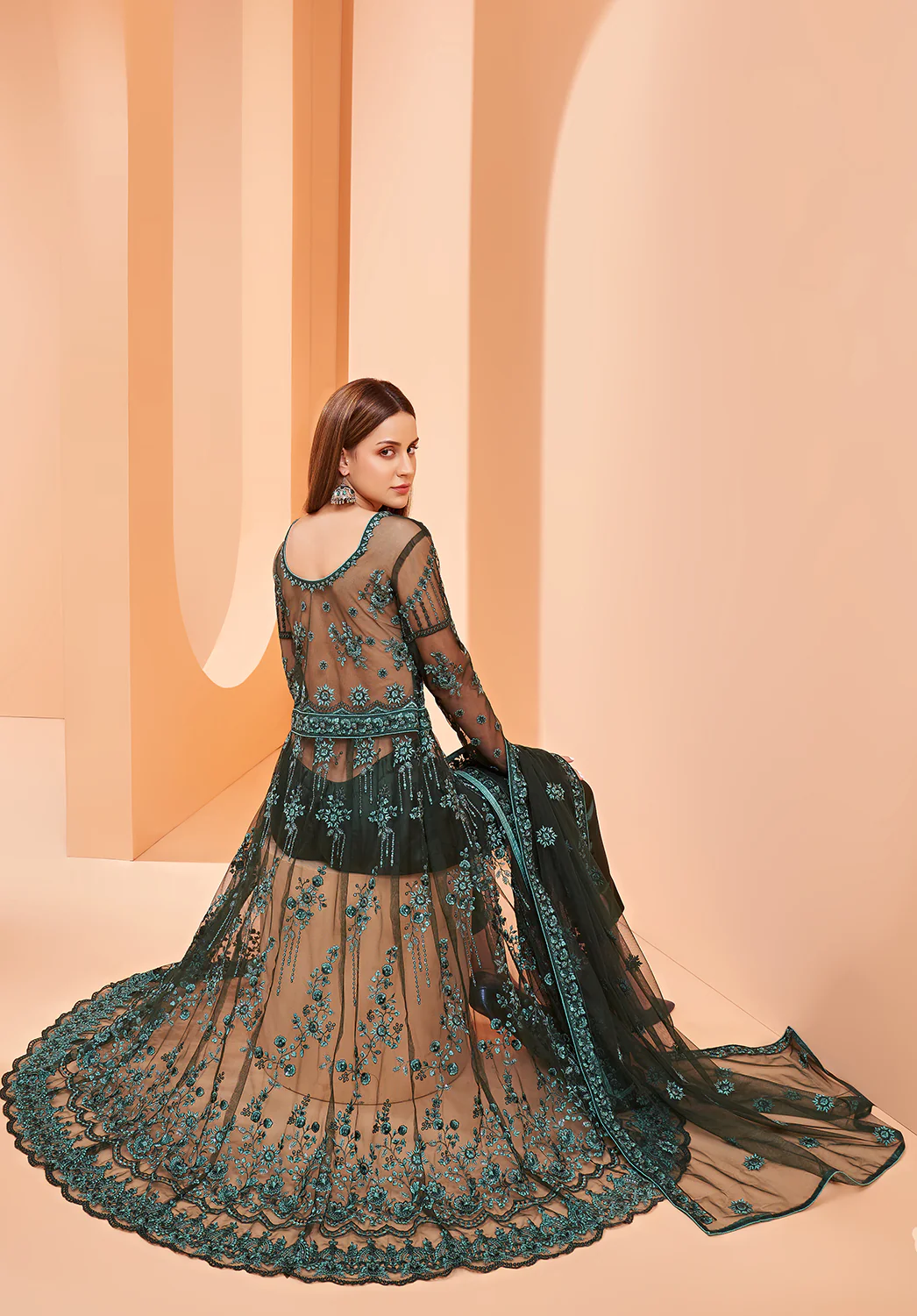 Lehenga/Pant Style Green Sequins Work Anarkali Suit - Image 4