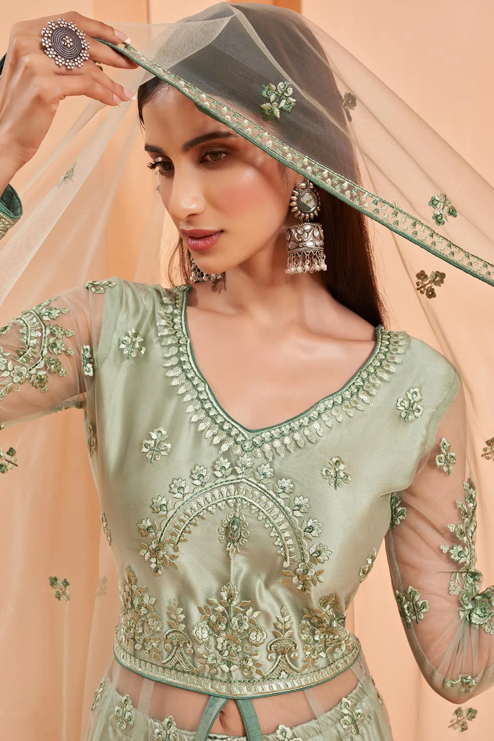 Lehenga/Pant Style Pastel Green Sequins Work Anarkali Suit - Image 2