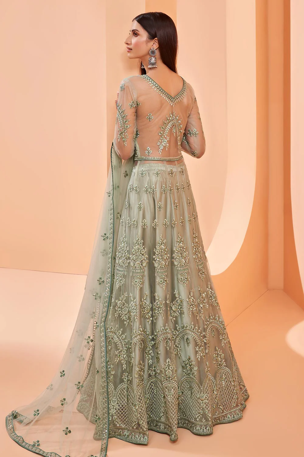 Lehenga/Pant Style Pastel Green Sequins Work Anarkali Suit - Image 3