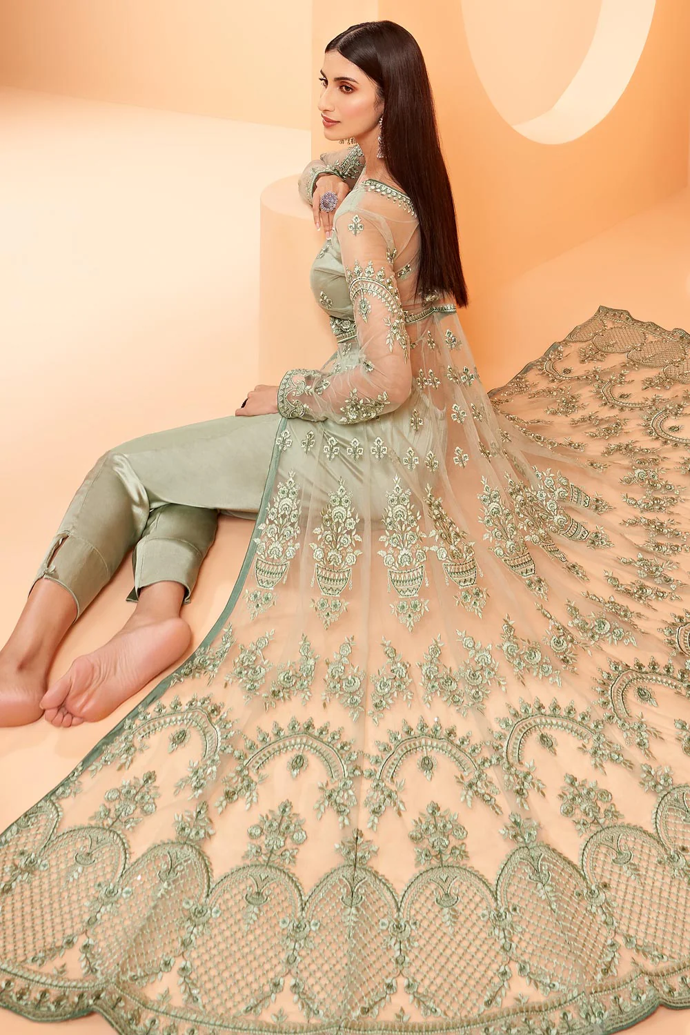 Lehenga/Pant Style Pastel Green Sequins Work Anarkali Suit - Image 4