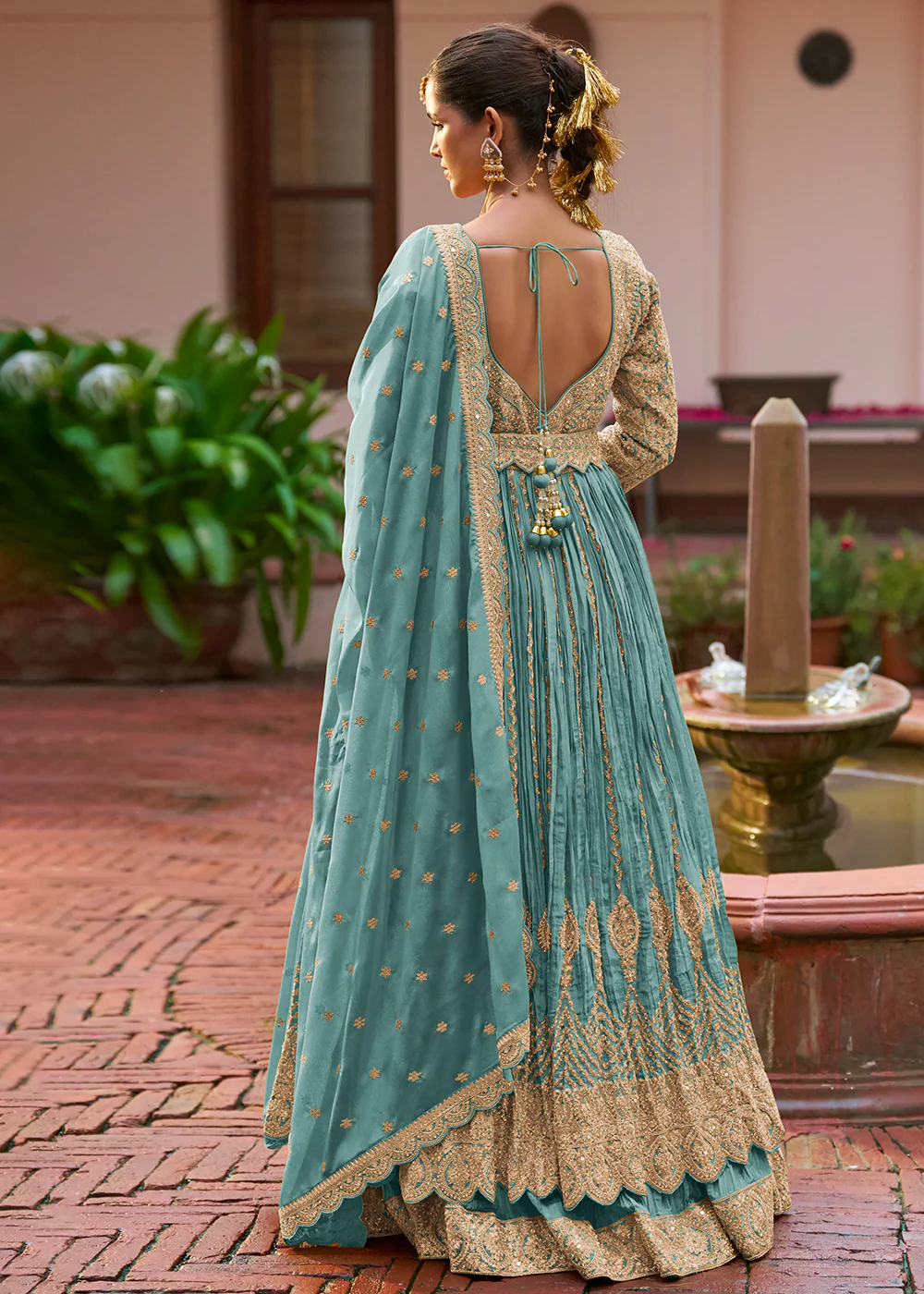 Lehenga Style Blue Embroidered Front Slit Dress - Image 3