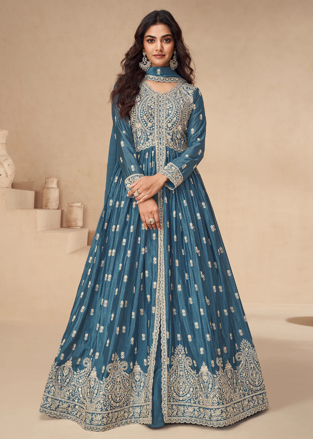 Lehenga Style Blue Embroidered Slit Style Anarkali Dress