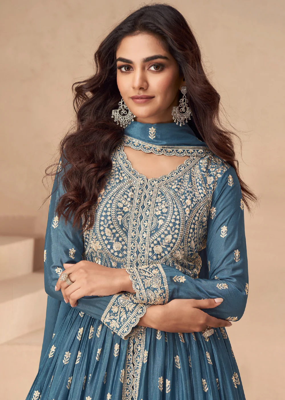 Lehenga Style Blue Embroidered Slit Style Anarkali Dress - Image 2