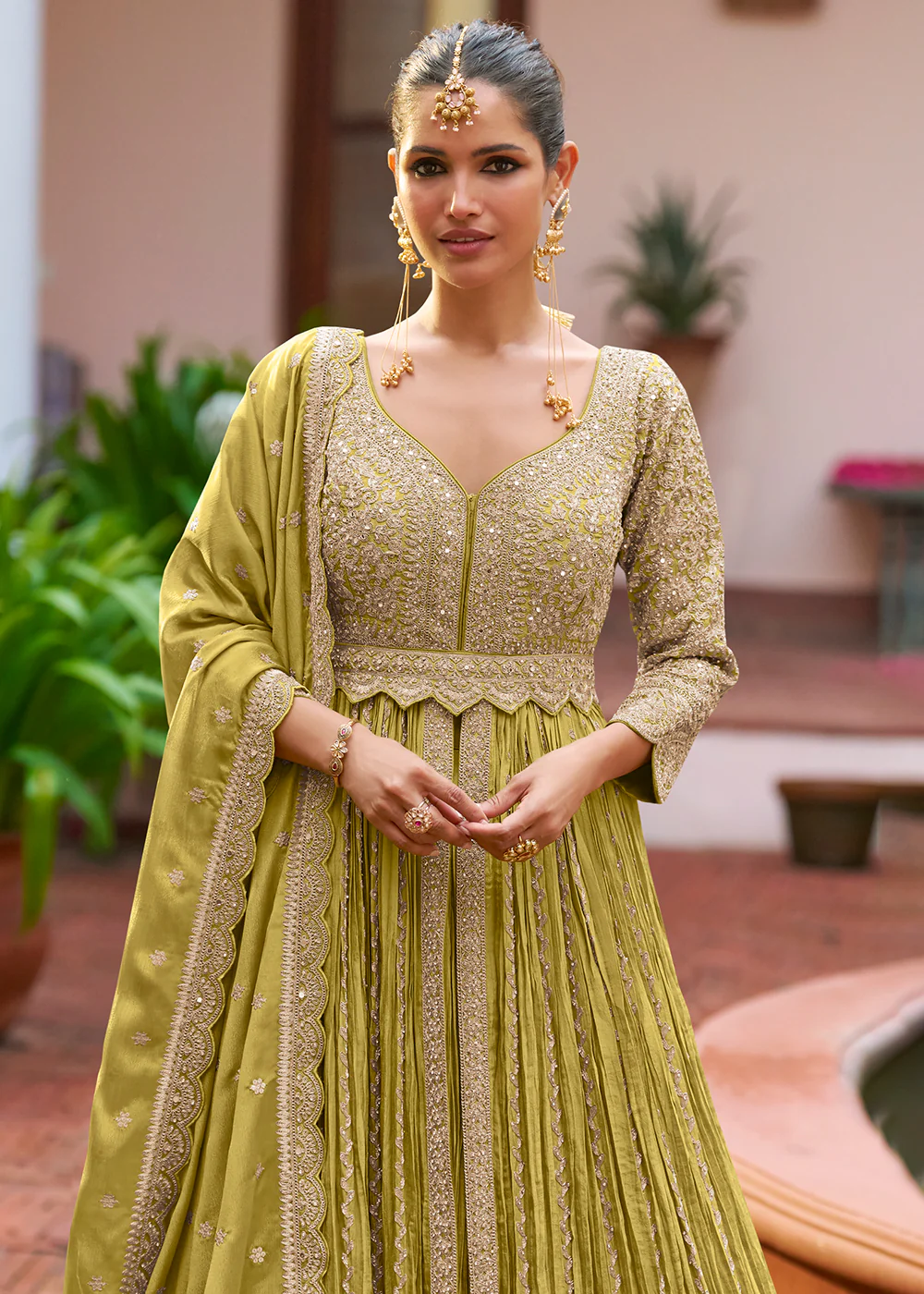 Lehenga Style Green Embroidered Front Slit Dress - Image 2