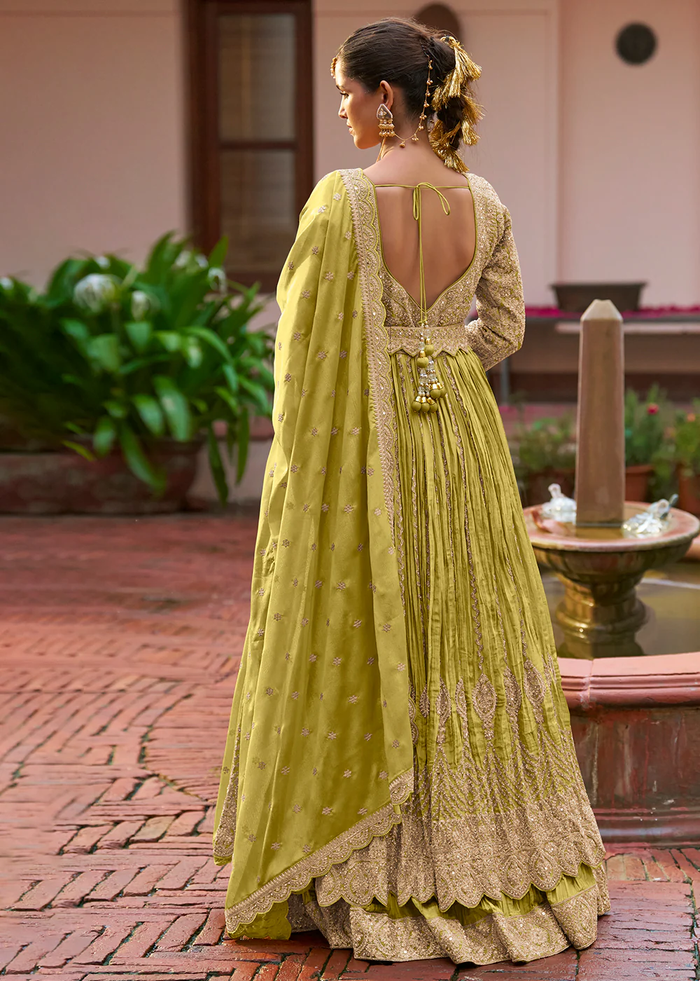 Lehenga Style Green Embroidered Front Slit Dress - Image 3