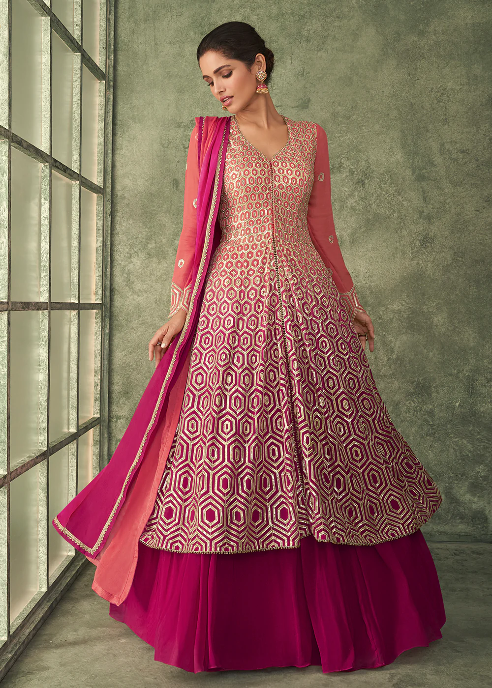 Lehenga Style Ombre Pink & Magenta Kurti Style Anarkali