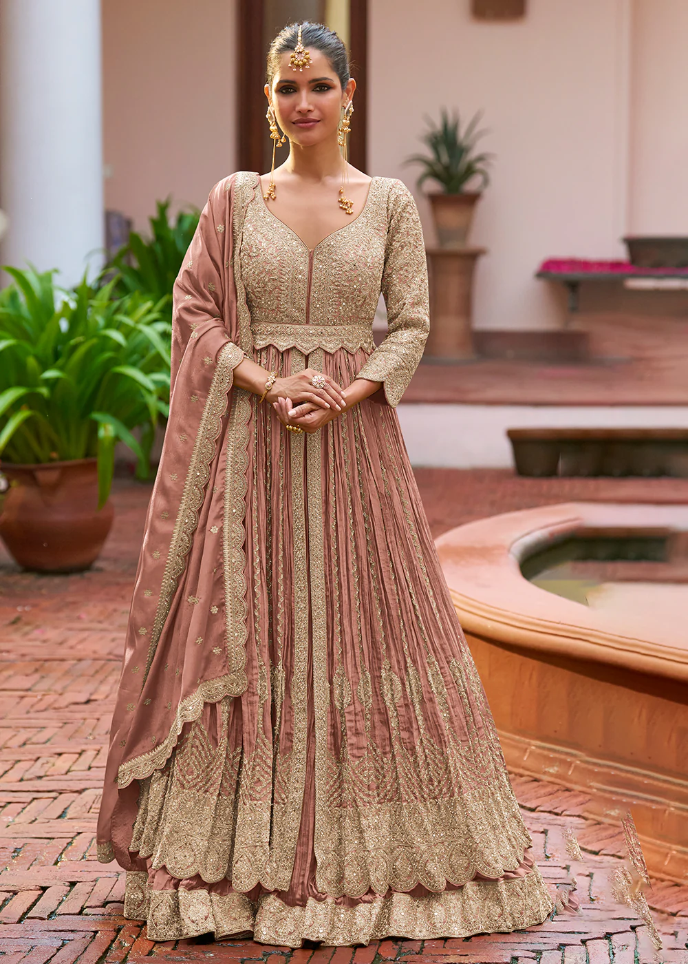 Lehenga Style Pink Embroidered Front Slit Dress