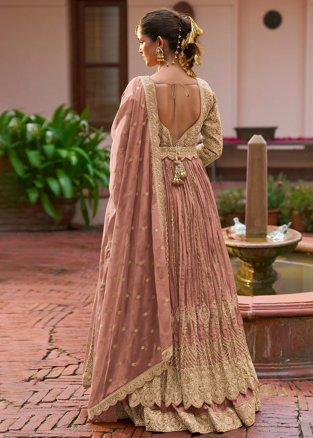 Lehenga Style Pink Embroidered Front Slit Dress - Image 3