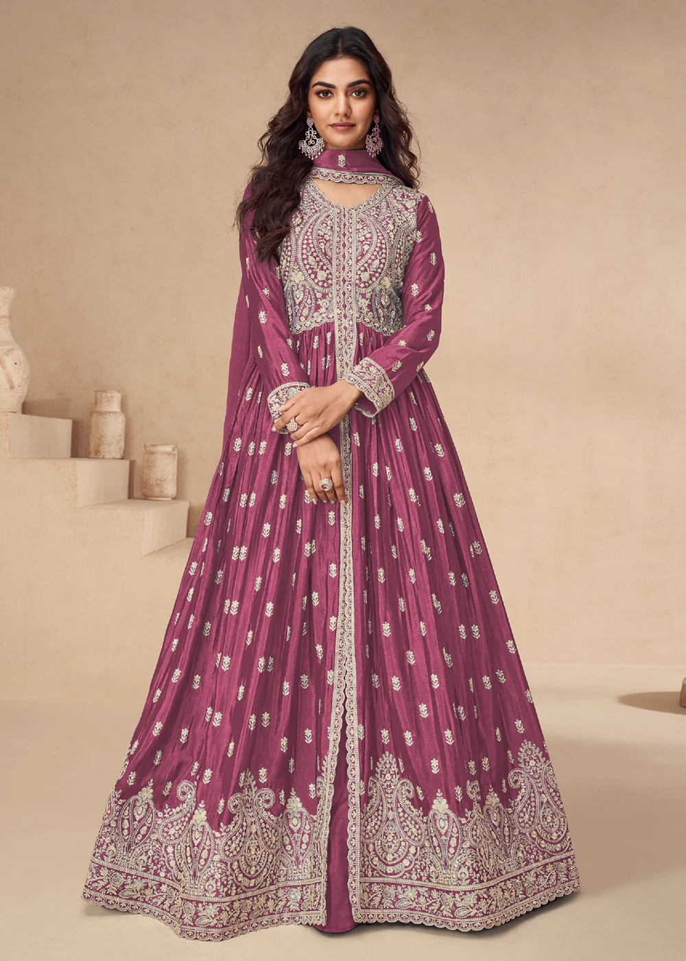 Lehenga Style Pink Embroidered Slit Style Anarkali Dress
