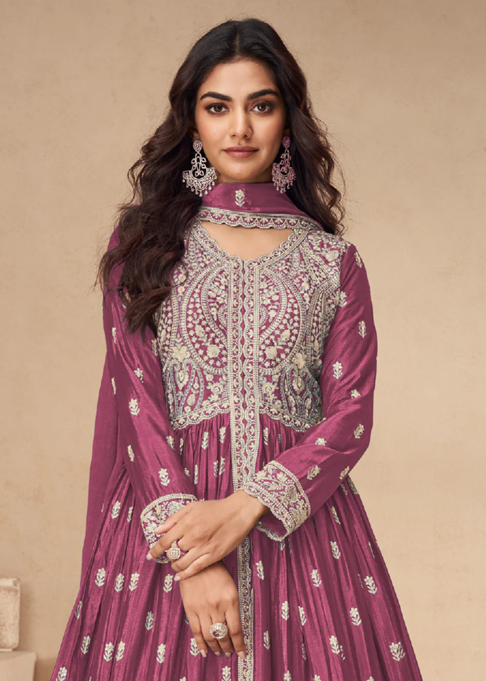 Lehenga Style Pink Embroidered Slit Style Anarkali Dress - Image 2