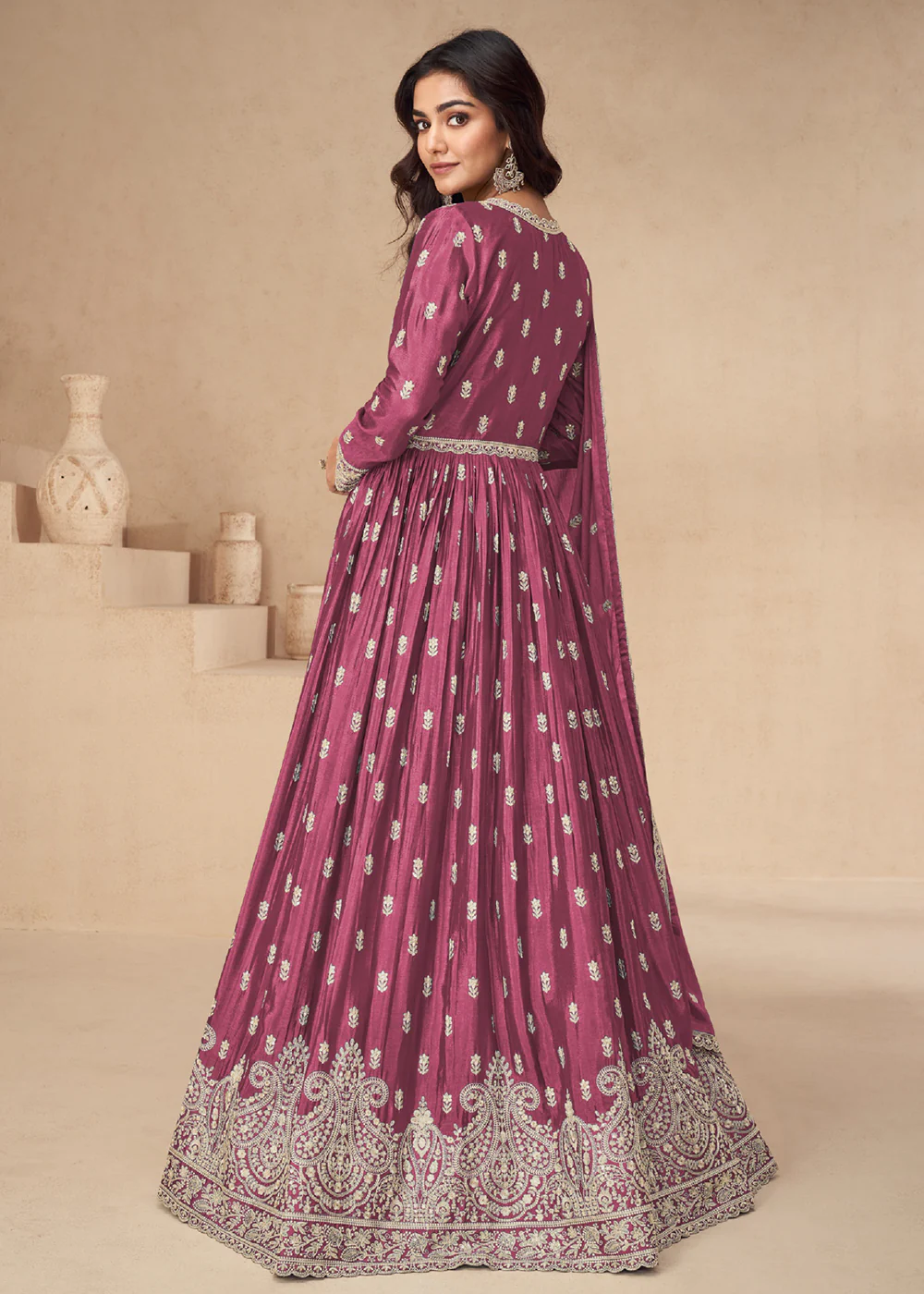 Lehenga Style Pink Embroidered Slit Style Anarkali Dress - Image 3