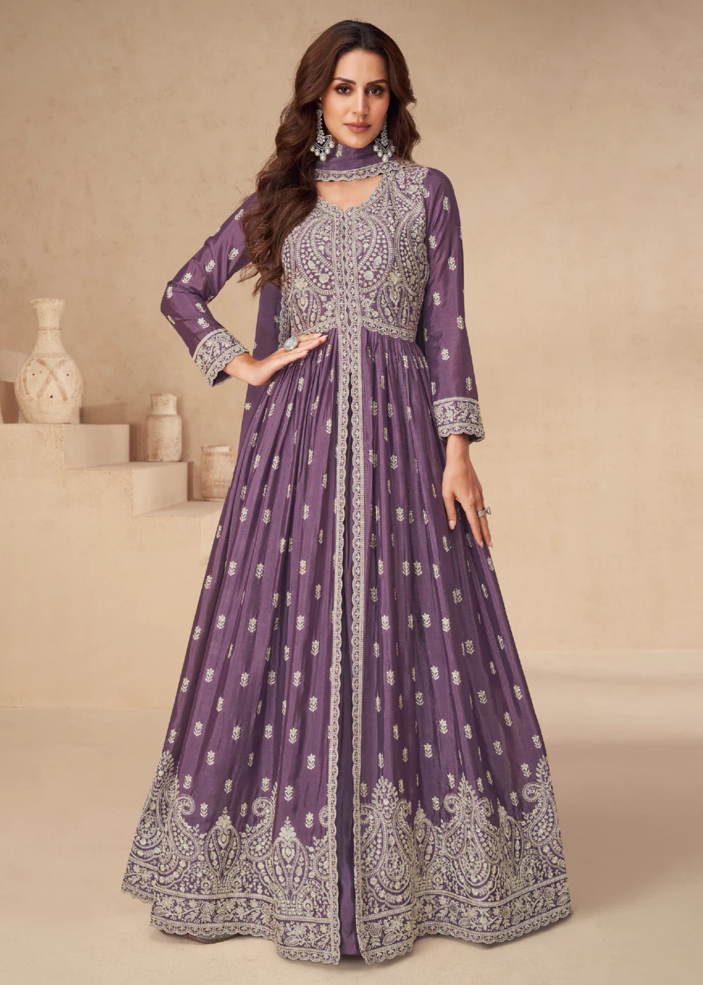 Lehenga Style Purple Embroidered Slit Style Anarkali Dress