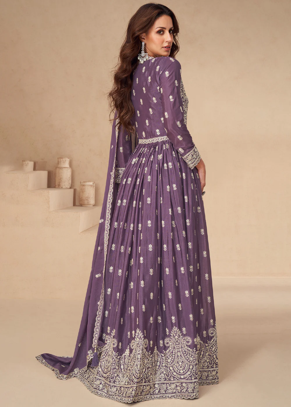 Lehenga Style Purple Embroidered Slit Style Anarkali Dress - Image 3
