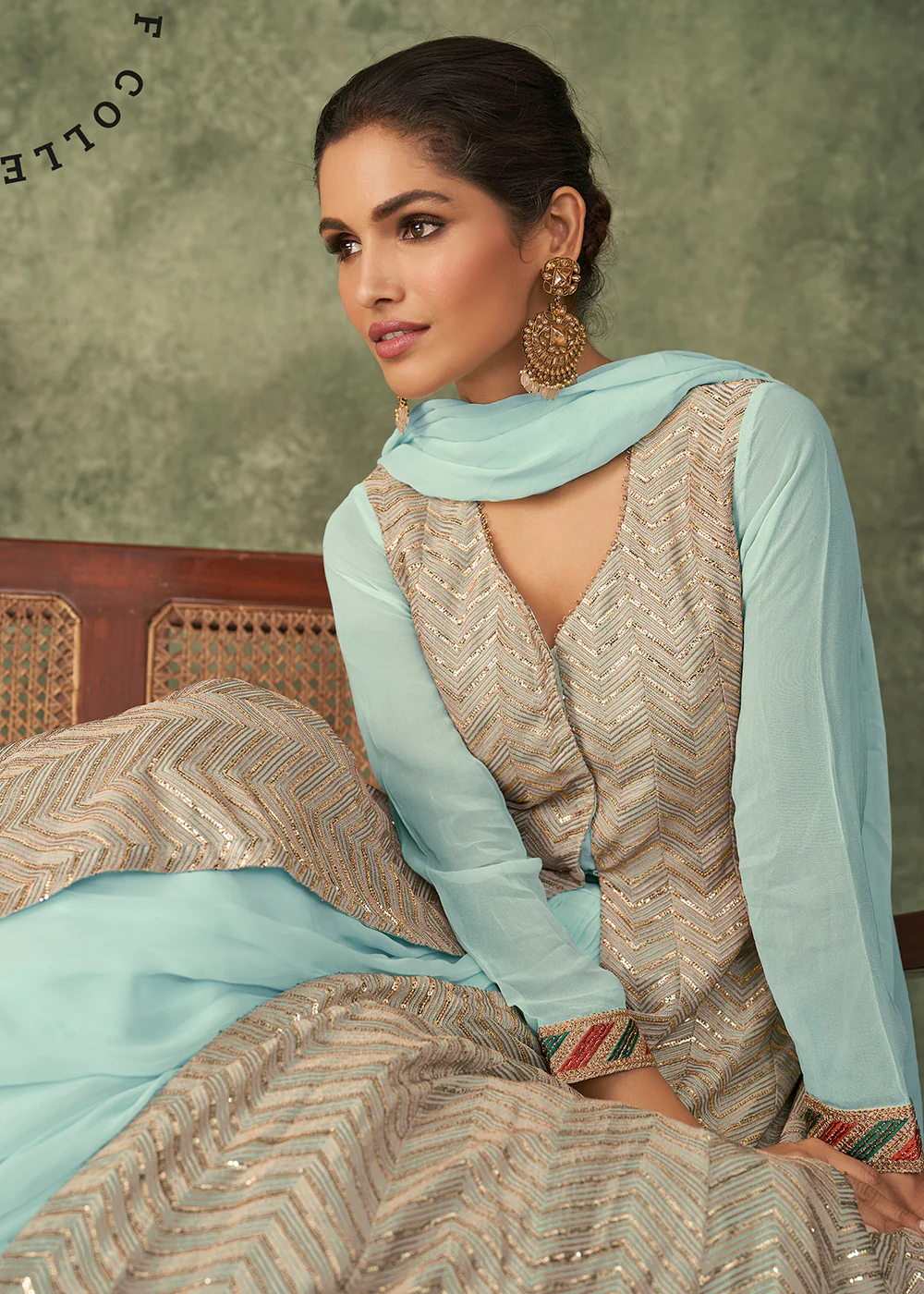 Lehenga Style Sky Blue & Beige Front Slit Anarkali Suit - Image 2
