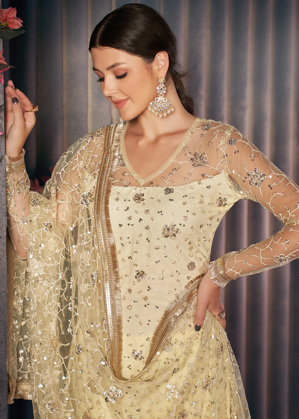 Lemon Yellow All Over Thread Work Net Churidar Suit - Image 2