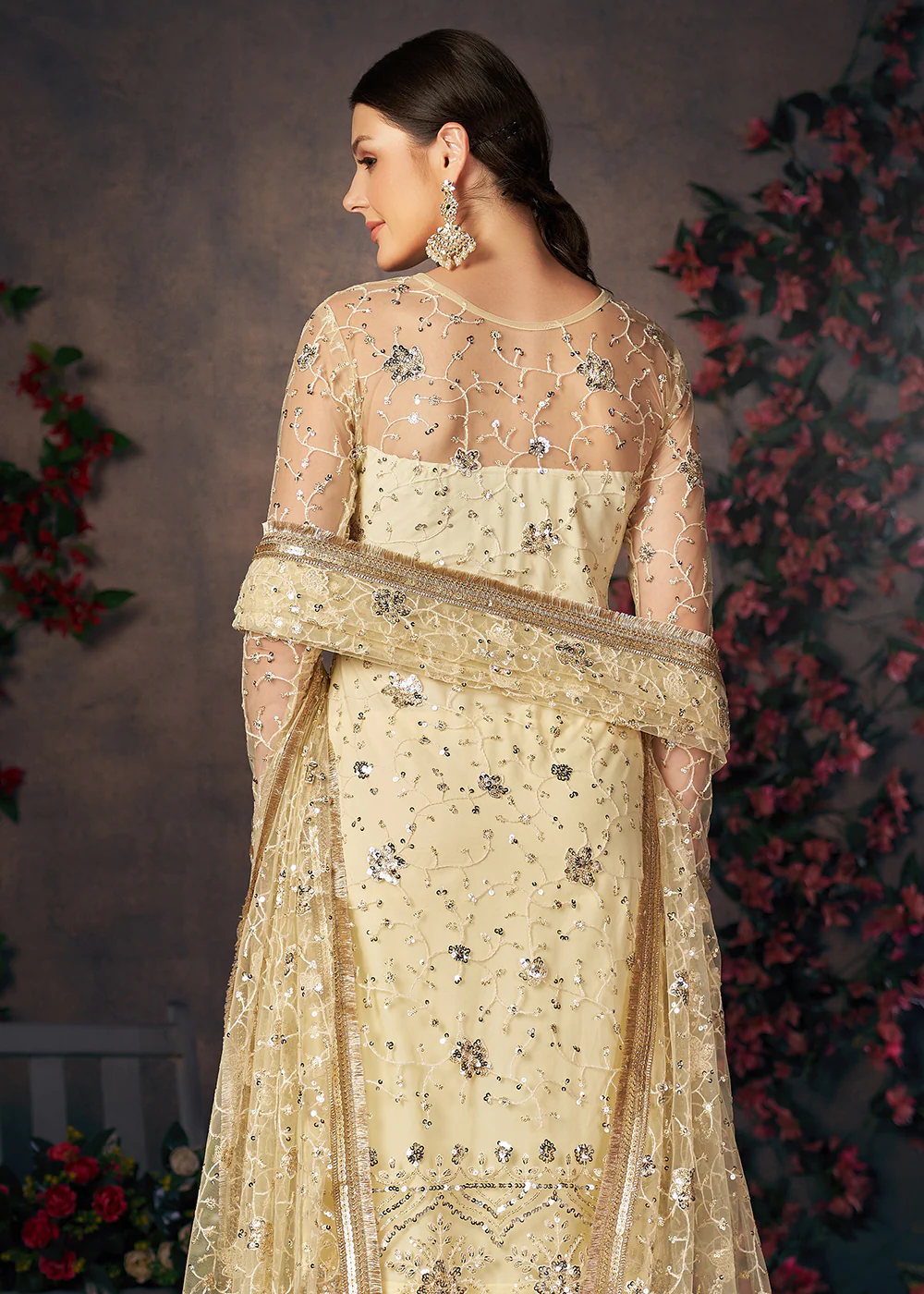Lemon Yellow All Over Thread Work Net Churidar Suit - Image 3