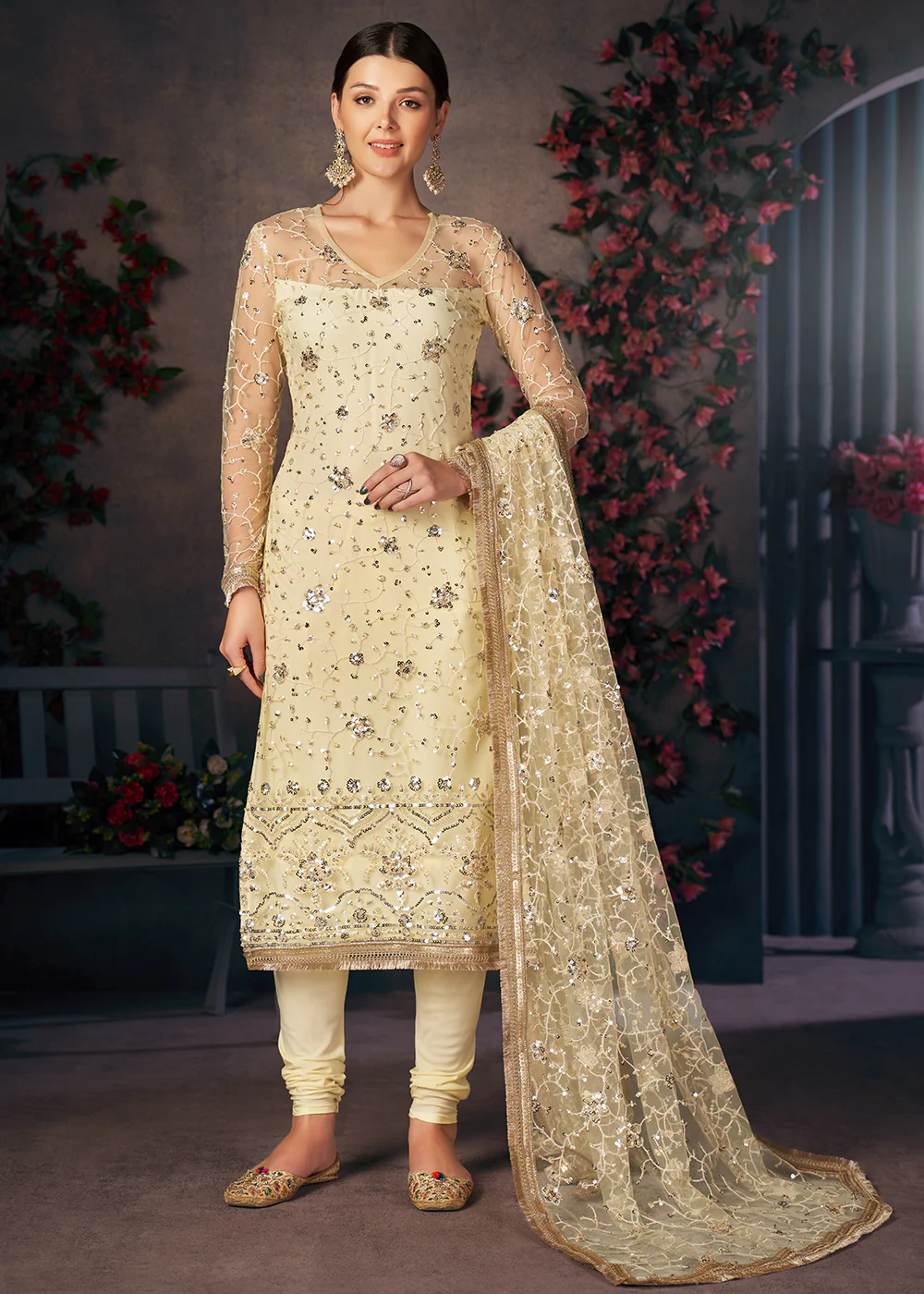 Lemon Yellow All Over Thread Work Net Churidar Suit - Image 4